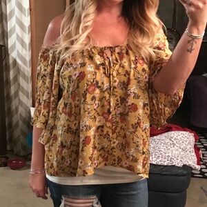 Mustard Yellow Floral Flowy peekaboo shoulder blouse top